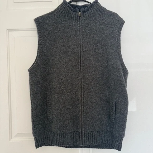 LL BEAN Dark Gray 100% Lambs Wool, Sherpa Lined, Full Zip Sweater VEST, Men’s L - Picture 2 of 4